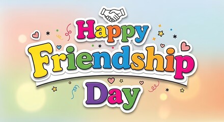 Fototapeta premium Happy Friendship Day colorful text with confetti and handshake on pastel background