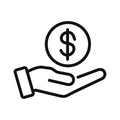 Hand holding dollar coin black line icon. Vector illustration.