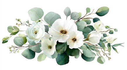 Delicate white blossoms nestled amongst lush eucalyptus leaves