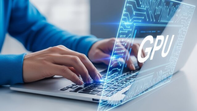 Engineer utilizing high performance GPU hardware for advanced data processing acceleration. Computing technology simulation optimizing memory on laptop. Smart software solution for edge web service.