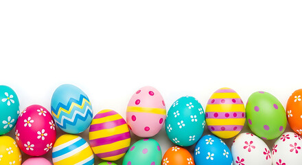 Obraz premium A colorful arrangement of decorated Easter eggs on a white background, perfect for springtime celebrations and holiday traditions