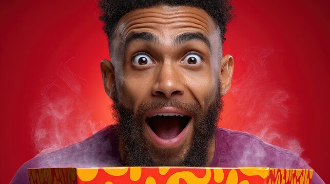 Excited Man Opening Hot Box of Fresh Food with Steam Effects