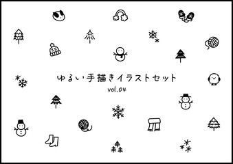 冬の白黒でゆるい手描きイラストセット