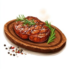 Sizzling grilled steak, seasoned with herbs, salt, and peppercorns