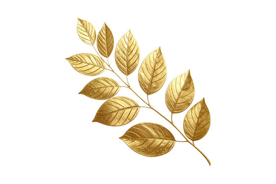 Botanical branch isolated PNG, leaves in textured gold foil finish on transparent background