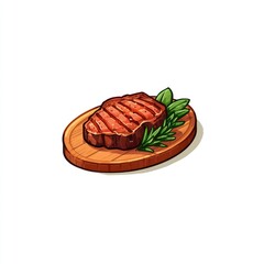 A grilled steak with sear marks on a wooden platter, garnished with herbs
