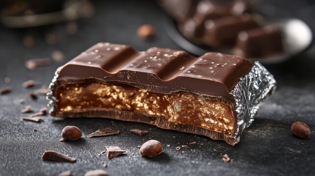 Premium chocolate bar in foil wrapper half-open .