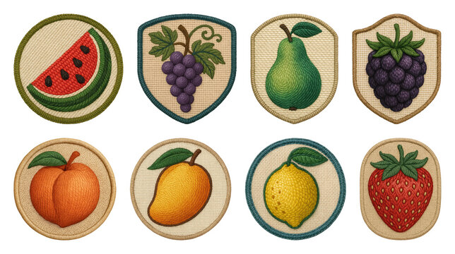 PNG Colorful embroidered fruit patches on transparent background