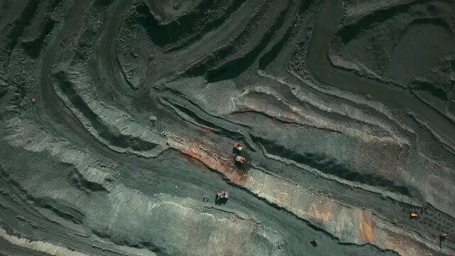 Iron ore mining, drone flight over the quarry