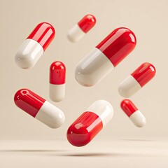 Red and white capsule-shaped pills floating mid-air against a soft beige background