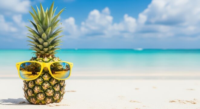 Pineapple wearing sunglasses on tropical beach