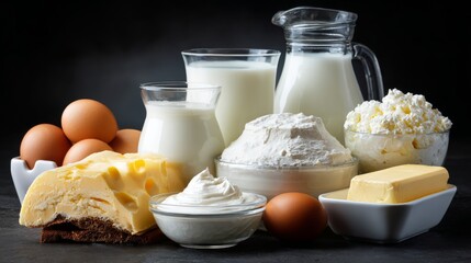 Fresh Dairy Products and Eggs on Rustic Table with Dark Background