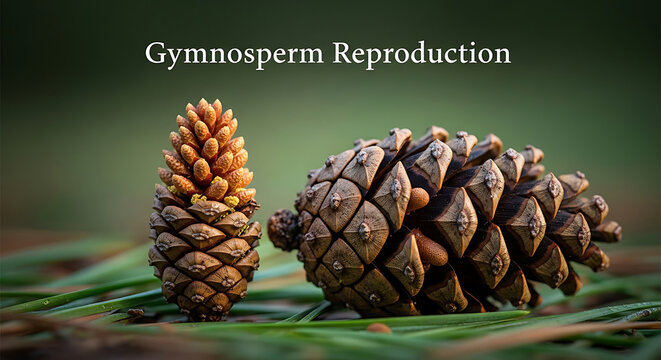 Pine cones on green needles representing gymnosperm reproduction in a natural setting with blurred background