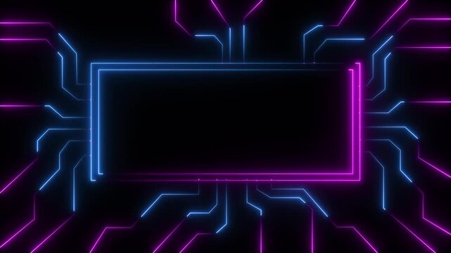 Abstract neon motherboard icon . 4k video animation . Circuit Board with neon line moving electrons Data Flow Loop Background Animation. Motion graphics of rectangle neon line