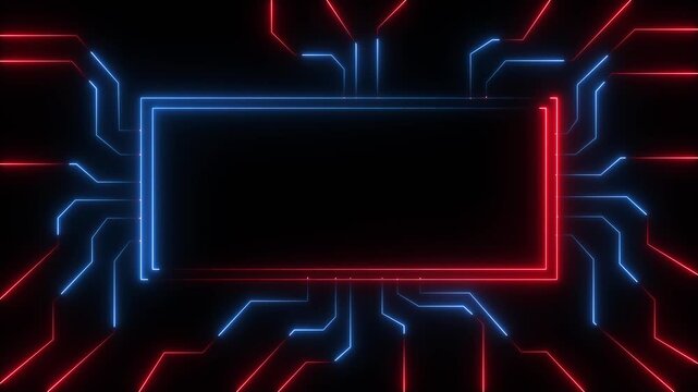Abstract neon motherboard icon . 4k video animation . Circuit Board with neon line moving electrons Data Flow Loop Background Animation. Motion graphics of rectangle neon line