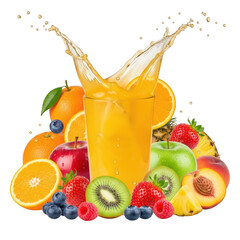 Fresh fruit juice splashing in glass with various fruits, isolated on transparent background.