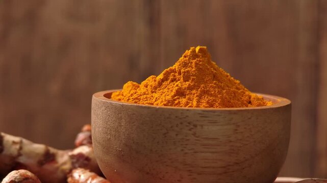 Close-up video of turmeric powder in a wooden bowl