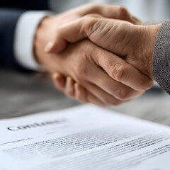 Obraz premium Two businessmen shaking hands over a contract on a table