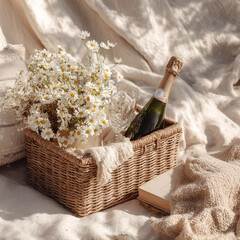 Champagne and flowers in a basket with fabric on a table, summery settings