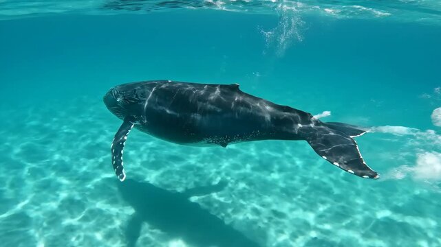 Humpback whale swimming gracefully underwater in clear blue ocean
