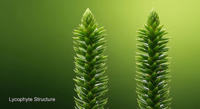 Two lycophyte plants with green leaves and pointed tips standing upright against a gradient green background