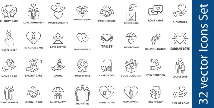 Charity care line icon set in line style. Collection of donation, line icons, including humanitarian aid, volunteer, community, love, kindness, social welfare and more.