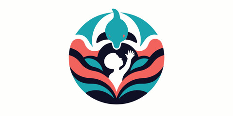 Fototapeta premium A child reaches towards a dolphin swimming within a circular wave design