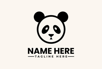 A simple black and white illustration of a panda head logo with customizable text on a beige background, featuring a circular icon with ears and a nose, and placeholder text for a name and © vectorvovdesign