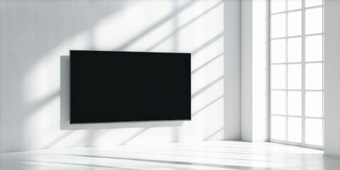 Fototapeta premium Minimalist room features wallmounted television. Bright light creates strong shadows, highlighting clean lines, empty space. Modern interior design.
