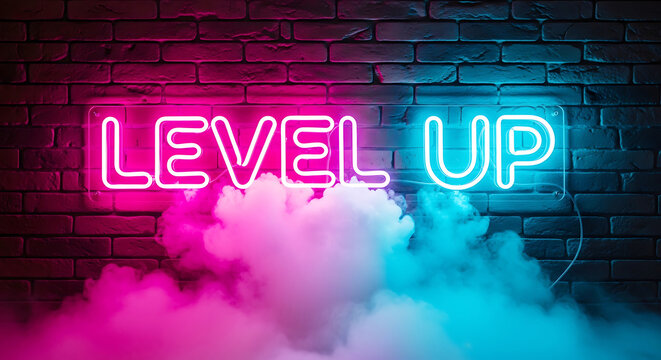 A neon sign on a brick wall with pink and blue smoke reading Level Up in a modern gaming or motivational concept