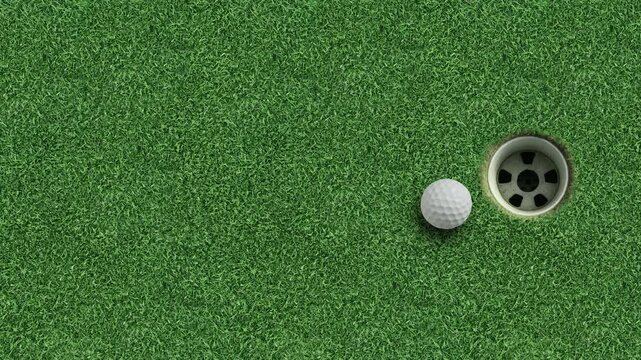 Golf ball in hole on green grass putting surface wide sports background with large copy space for text golf success concept