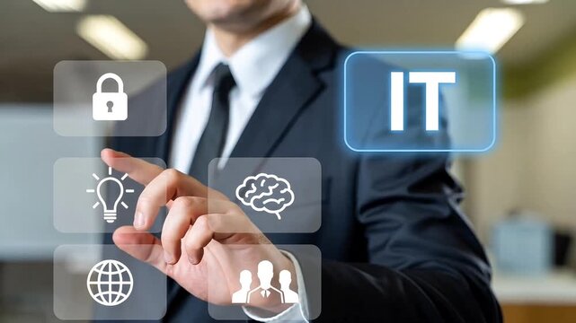 Businessman Interacting with IT Concept on Virtual Screen Technology