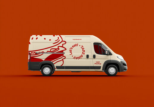 Side View Delivery Van Mockup With Food Illustration Branding