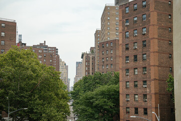 Fototapeta premium Tall brick residential buildings rise above a tree-lined Manhattan street. The quiet urban neighborhood shows everyday life in New York City.