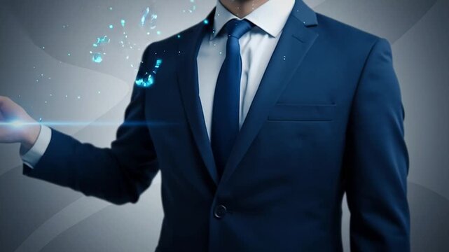 Professional businessman in a suit interacting with a futuristic digital interface, concept of innovation and technology in business