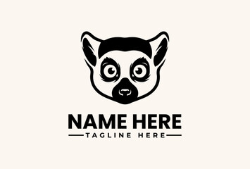 Black and white illustration of a lemur head logo with placeholder text on a beige background, featuring a vector icon design. © vectorvovdesign