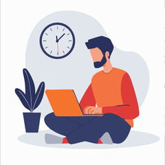Man working with laptop and clock, time management and productivity concept illustration
