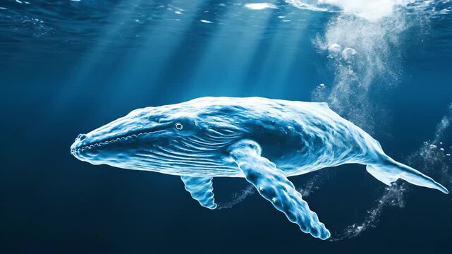 Humpback whale swimming underwater with sun rays and bubbles