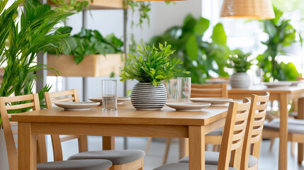 Obraz premium Modern vegan restaurant interior healthy dishes table, eco-friendly cafe design lush green plants, wooden furniture bright sustainable dining space, organic food visualization,