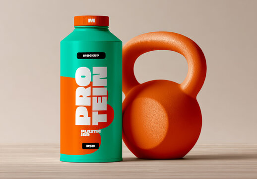 Protein Supplement Bottle Mockup Standing Next to Kettlebell
