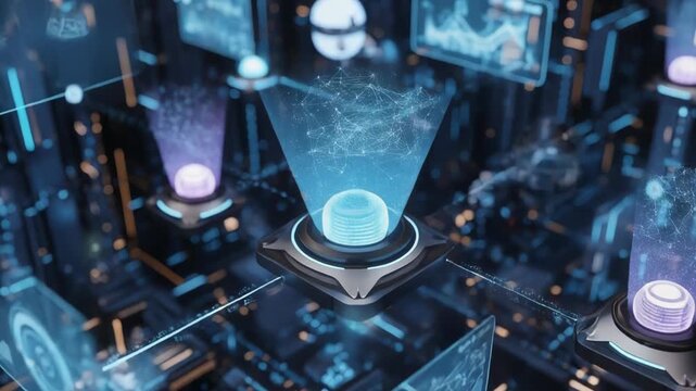 A futuristic digital interface with holographic displays and data visualizations floating above a sleek, high-tech circuit board