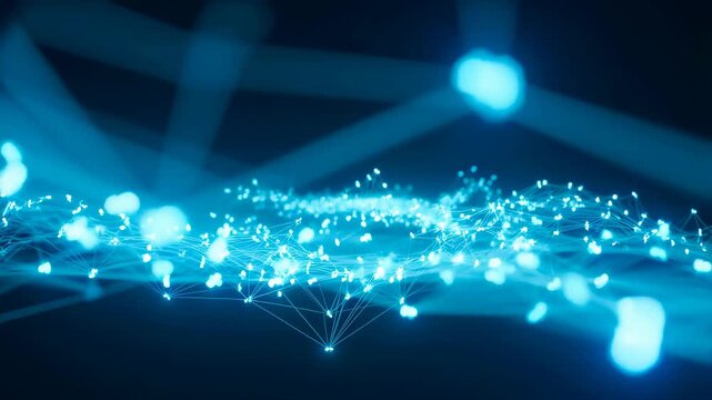 Abstract digital network with glowing blue particles and interconnected lines. Represents technology, data flow, and innovation in the digital age