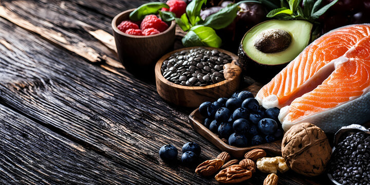 Healthy Superfoods Selection with Fresh Salmon Avocado Blueberries and Nuts on Rustic Wooden Table
