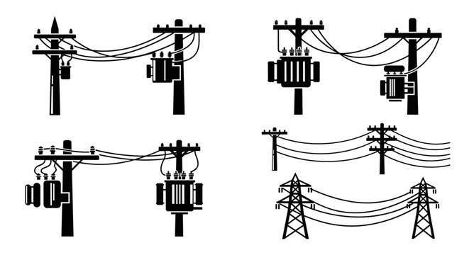 A set of black electrical utility poles and transformers on transparent background