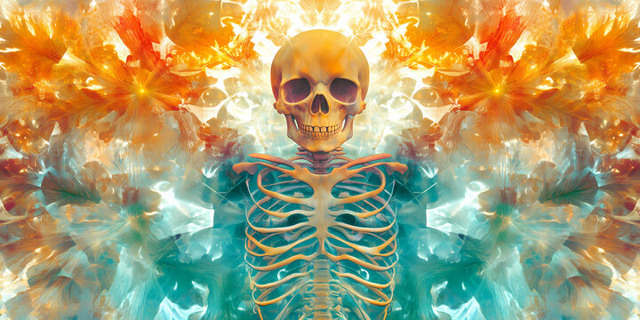 Artistic Human Skeleton with Vibrant Floral Abstract Background - Life and Death Concept Art