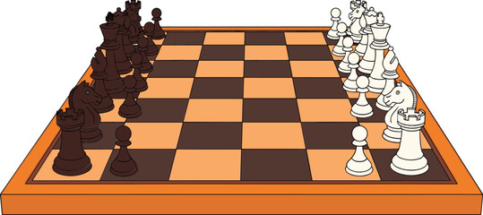 Perspective view of a wooden chessboard with black and white game pieces arranged for a strategic competition vector © NURUL