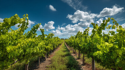 Fototapeta premium A lush vineyard stretches out under a blue sky with white clouds