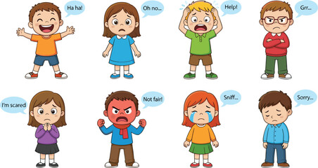 Cute cartoon children expressing different emotions with speech bubbles happy sad angry scared crying frustrated characters for kids education emotional learning illustration set