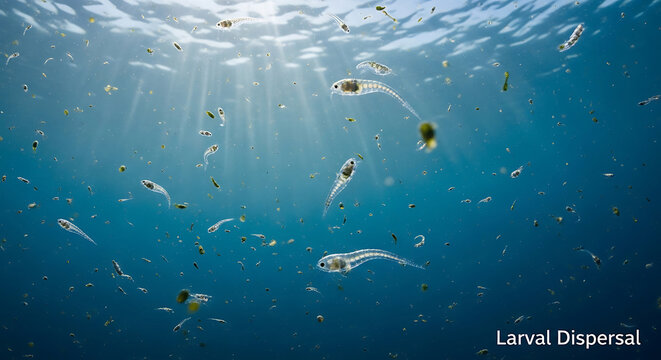 School of small fish and larvae swimming underwater with sunlight rays penetrating the blue ocean surface