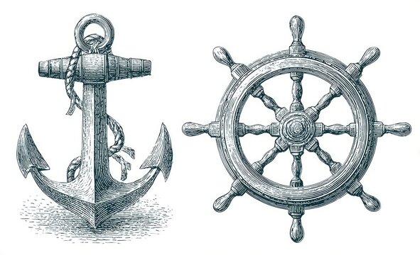 A detailed image of a nautical anchor and a ship's wheel, both in a classic style